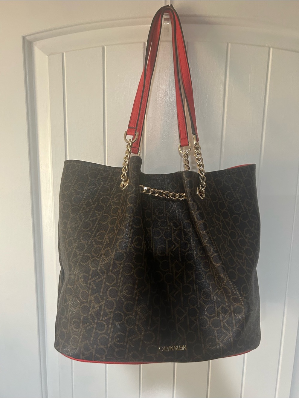 Calvin Klein Brown Monogram Tote with Red Trim and Gold Chain